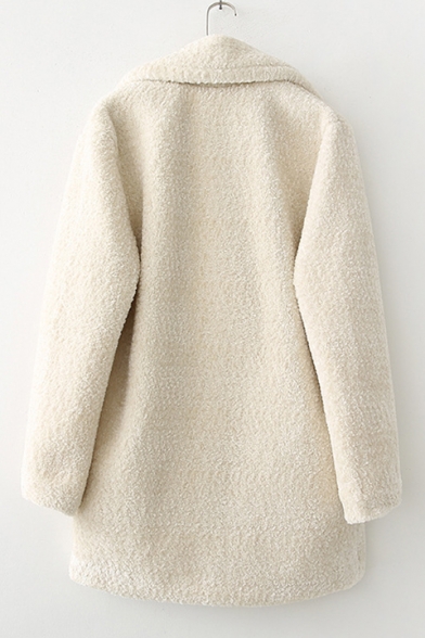 Chic Simple Plain Notch Lapel Long Sleeve Faux Fur Coat