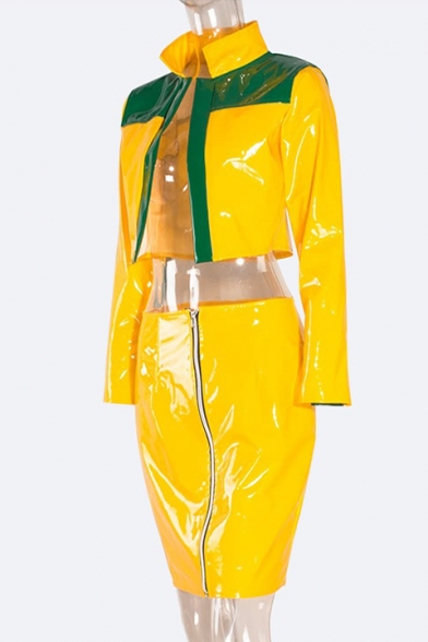 Color Block Lapel Zip Up Long Sleeve PU Coat with High Waist PU Mini Skirt