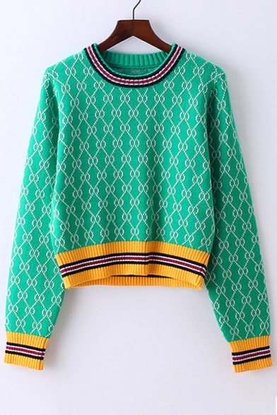 Color Block Round Neck Long Sleeve Pullover Cropped Sweater