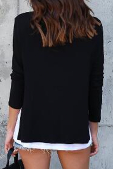 Contrast Round Neck Long Sleeve Side-Split Patchwork Loose Tiered Tee