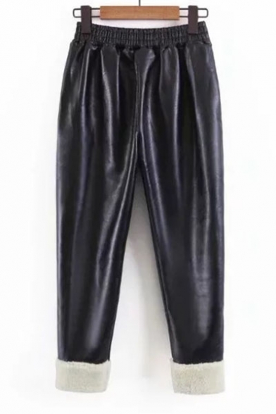 Cool Elastic Waist Faux Fur Trimmed Plain Leather Pants