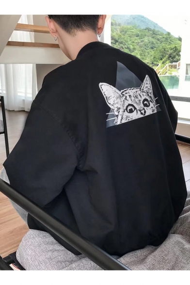 Fashion Cat Print Stand-Up Collar Long Sleeve Zip Up Baseball Jacket