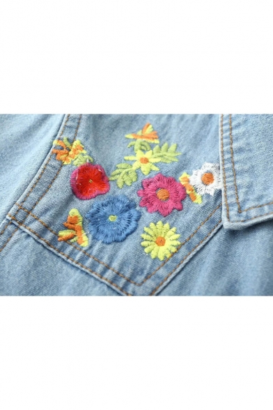Floral Embroidered Lapel Long Sleeve Buttons Down Denim Shirt