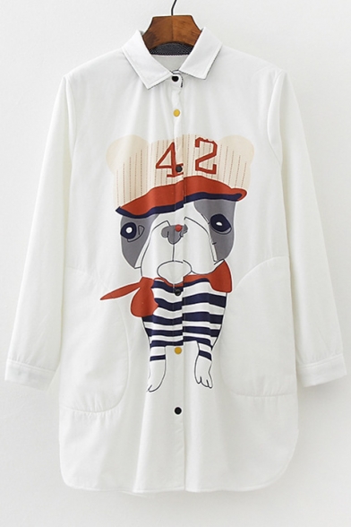 Lovely Cartoon Dog Print Lapel Long Sleeve Buttons Down Shirt