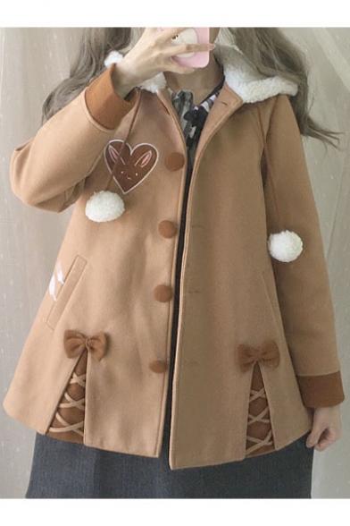 

New Bow Embellished Long Sleeve Buttons Down Hooded Woolen Coat