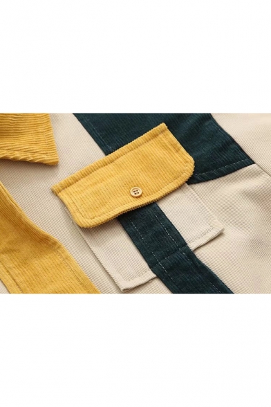 New Fashion Color Block Lapel Zip Placket Long Sleeve Coat