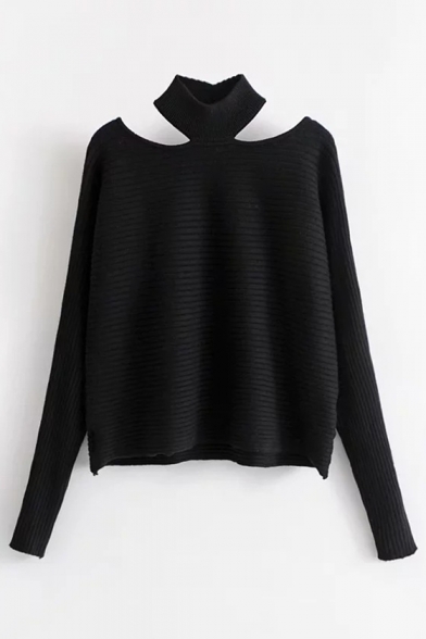 New Fashion Simple Plain Halter Hollow Out Long Sleeve Pullover Sweater
