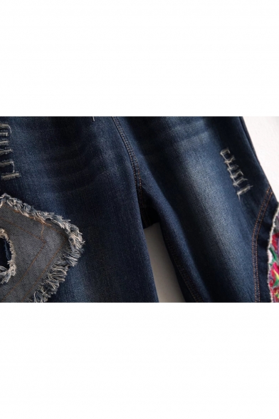 New Fashion Tribal Embroidered Drawstring Waist Warm Denim Jeans