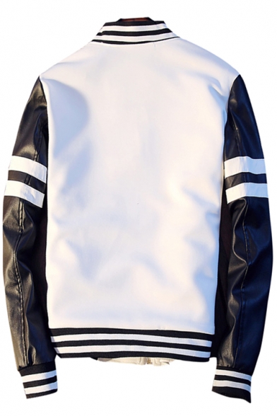 New Stylish Color Block Print Stand-Up Collar Long Sleeve Baseball Jacket