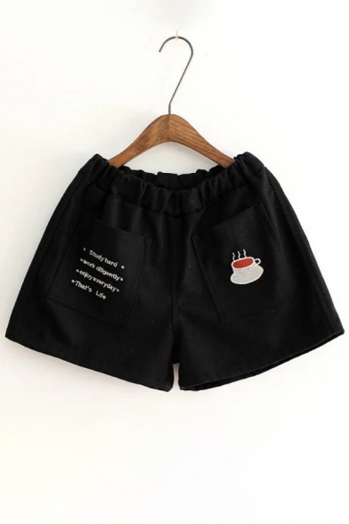 New Stylish Embroidery Letter Coffee Pattern Elastic Waist Shorts