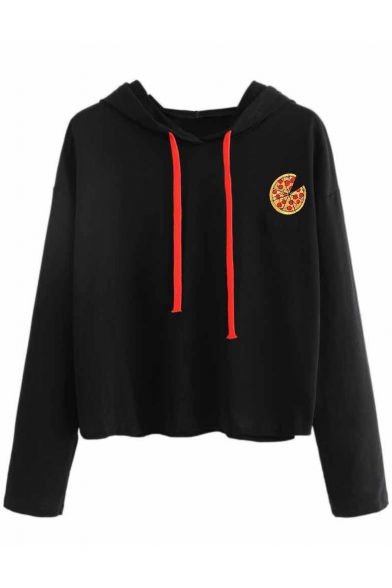 New Stylish Embroidery Pizza Pattern Long Sleeve Cropped Hoodie