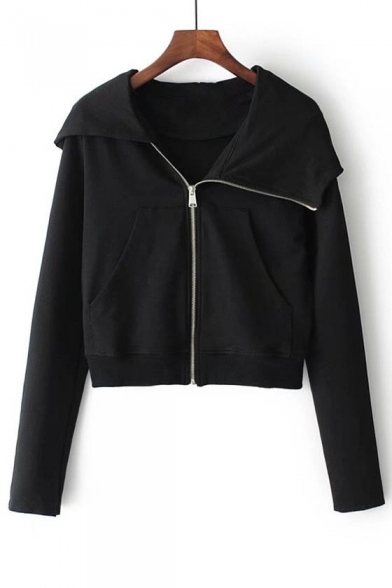 New Stylish Long Sleeve Zip Up Simple Plain Cropped Hooded Coat