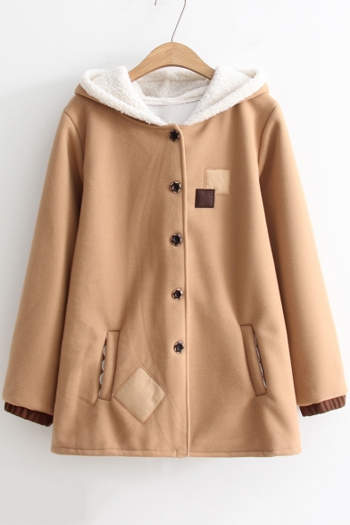 Retro Simple Patchwork Horn Hooded Buttons Down Long Sleeve Coat