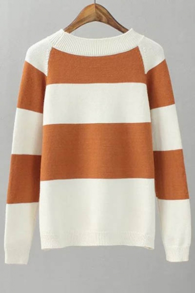 Simple Color Block Panel Round Neck Long Sleeve Pullover Sweater