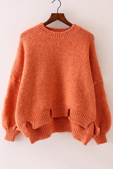 Simple Plain Dipped Hem Latern Long Sleeve Pullover Sweater