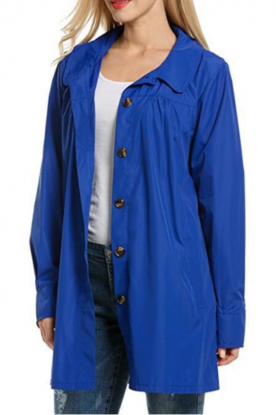 Simple Plain Lapel Buttons Down Long Sleeve Longline Waterproof Raincoat