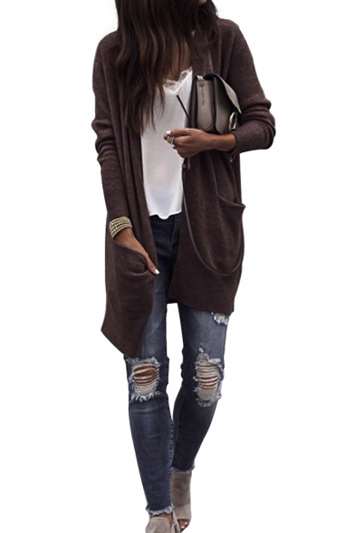 Casual Open-Front Long Sleeves Plain Knitted Longline Cardigan