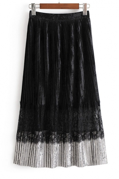 Chic Plain Lace Up Elastic Waist Pleated Midi Skirt