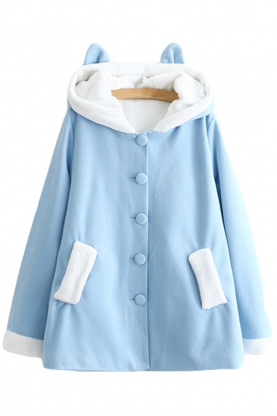 Chic Simple Buttons Down Long Sleeve Ears Hooded Woolen Coat