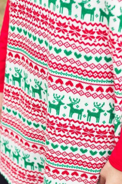 Color Block Christmas Print Round Neck Long Sleeve Shift Mini Dress