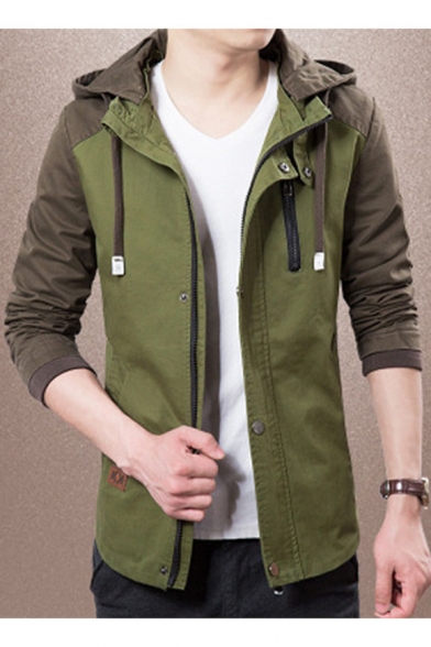 Color Block Drawstring Hooded Zip Up Long Sleeve Leisure Jacket