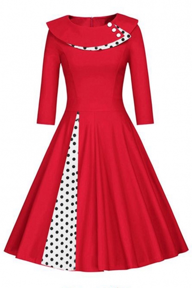 Elegant Polka Dot Patched Bardot Neck Side-Split Half Sleeve Zip-Back Fit & Flare Midi Dress