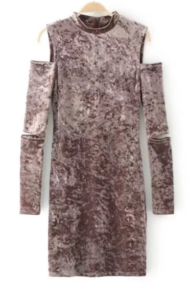 Elegant Round Neck Cold Shoulders Split Sleeves Velvet Zip-Back Mini Bodycon Dress