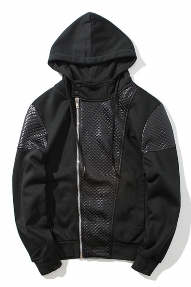 Hip-Pop Simple Plain Leather Panel Zip Up Long Sleeve Coat