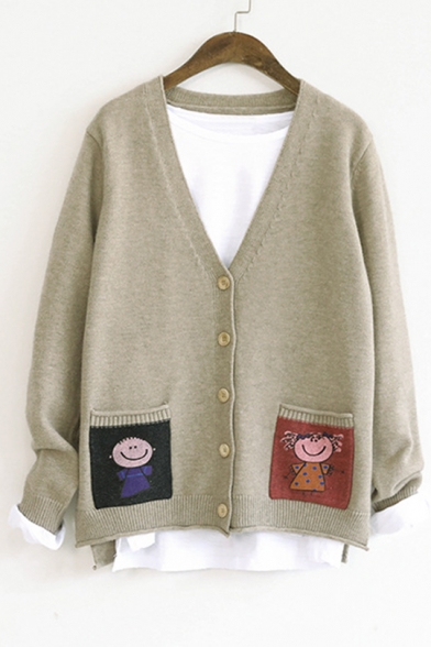 Lovely Cartoon Pattern V-Neck Long Sleeve Buttons Down Cardigan