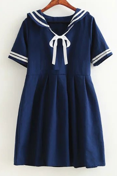 New Fashion Contrast Striped Navy Collar Short Sleeve Pleated Mini Dress