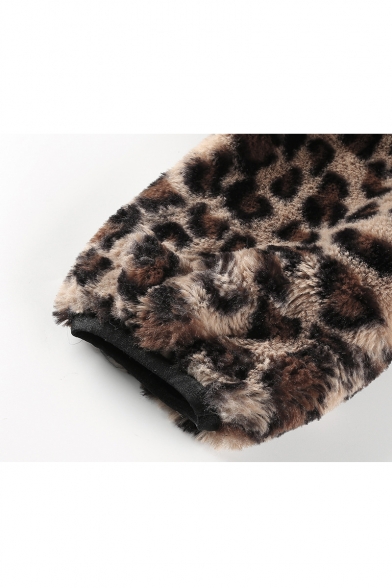 New Fashion Leopard Pattern Lapel Zip Placket Long Sleeve Fur Coat