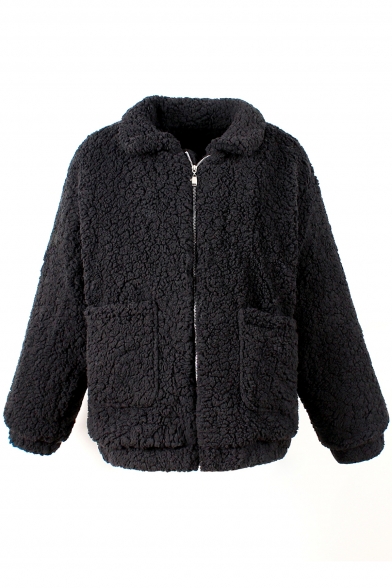 New Fashion Simpel Plain Lapel Zip Up Long Sleeve Wool Coat