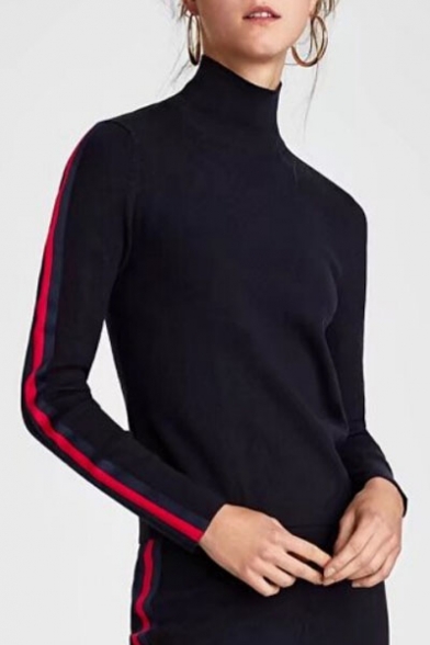 New Leisure Simple Striped Side Long Sleeve Pullover Sweater
