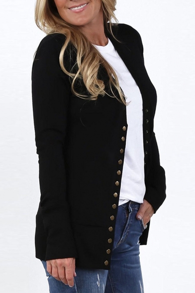 New Simple Plain V-Neck Long Sleeve Buttons Down Coat