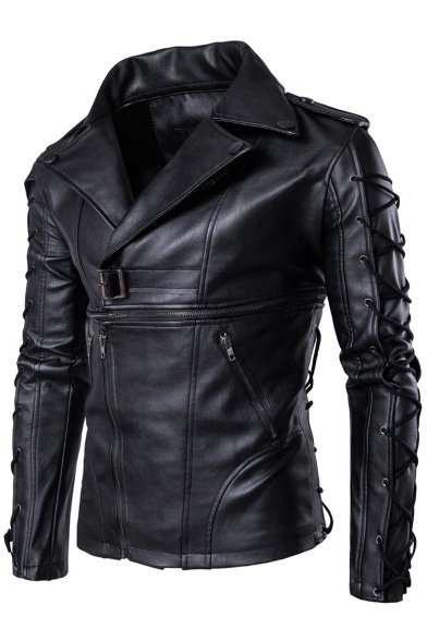New Stylish Lace-up Long Sleeve Simple Plain Zipper Faux Leather Biker Jacket　