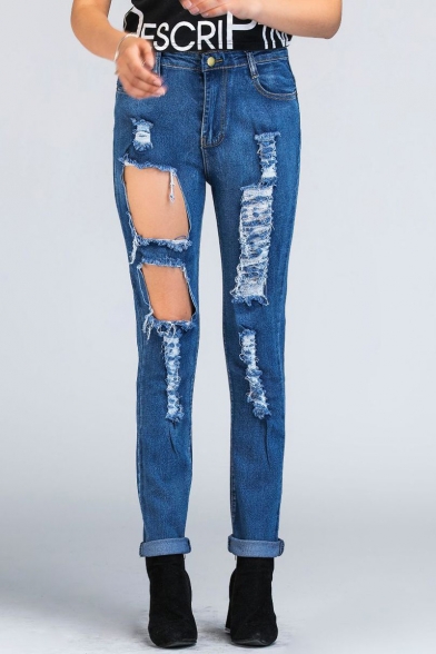 New Stylish Mid Waist Ripped Skinny Jeans with Pockets
