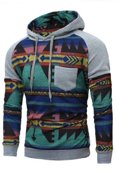 

New Stylish Tribal Print Drawstring Hood Raglan Sleeve Leisure Hoodie, LC454098, Black;light gray