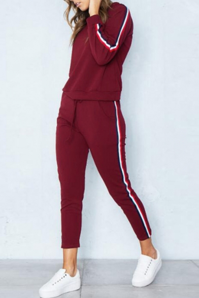 Simple Leisure Striped Side Long Sleeve Pullover Sweatshirt with Drawstring Waist Pants