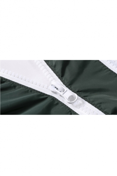 Simple Plain Color Block Panel Hooded Zippered Long Sleeve Windproof Coat