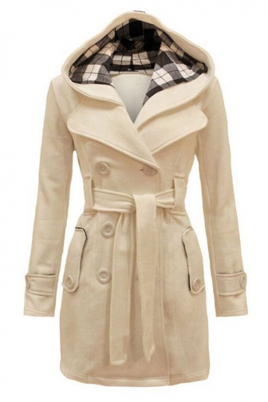 Simple Plain Lapel Hooded Double Breasted Long Sleeve Trench Coat