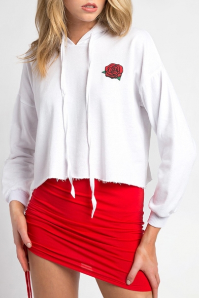 Simple Rose Printed Long Sleeves Pullover Cropped Hoodie with Raw Edges