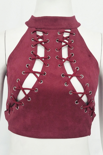 Stylish Halter Neck Grommets Embellished Slim-Fit Zip-Back Cropped Cami with Attached Lacing