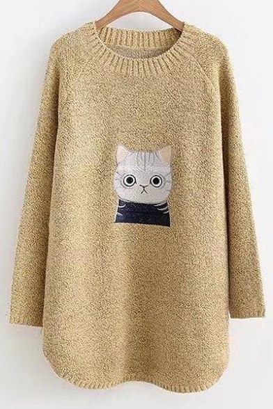 Cartoon Cat Embroidered Round Neck Long Sleeve Pullover Sweater