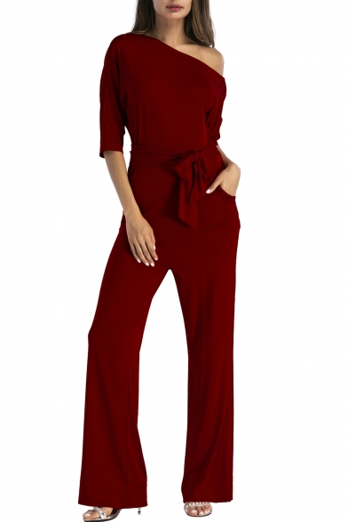 Chic One Shoulder Half Sleeves Bow Tied-Waist Wide Legs Pants Plain Jumpsuits