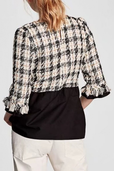 Chic Plaid Round Neck Half Sleeve Pullover Blouse