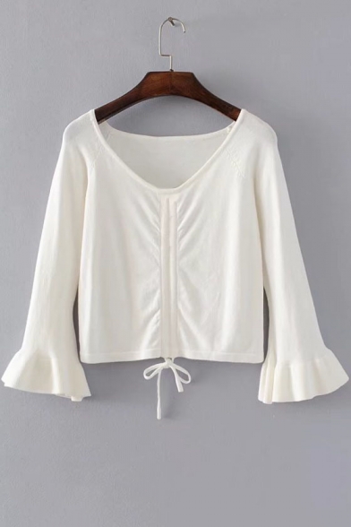 Chic V-Neck Half Bell Sleeve Draped-Front Plain Soft Pullover Sweater with Drawstring