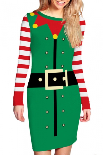 Christmas Santa Belt Printed Color Block Stripes Long Sleeve Mini Bodycon Dress
