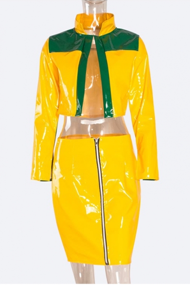 Color Block Lapel Zip Up Long Sleeve PU Coat with High Waist PU Mini Skirt