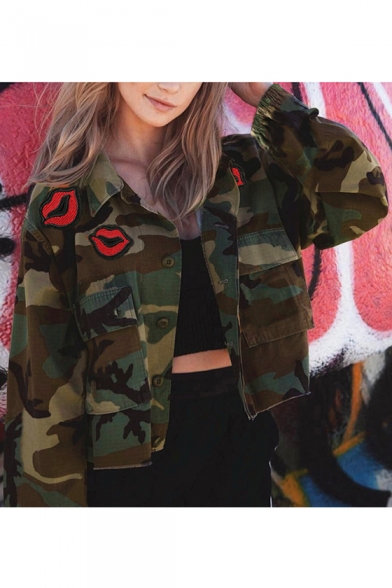 Fashion Camouflage Lip Pattern Long Sleeve Single Breasted Jacket
