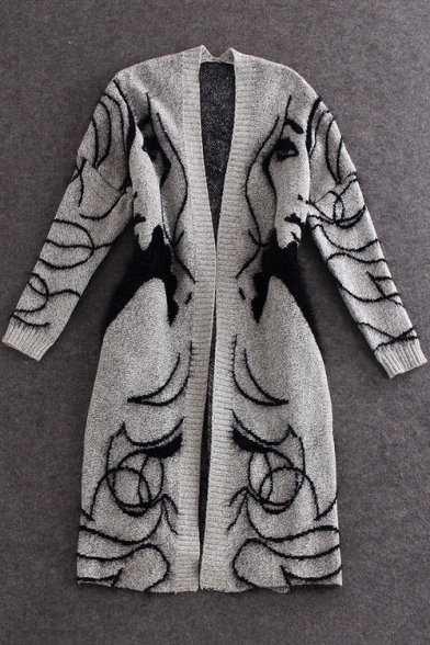 Fashion Character Print Open Front Long Sleeve Tunic Cardigan